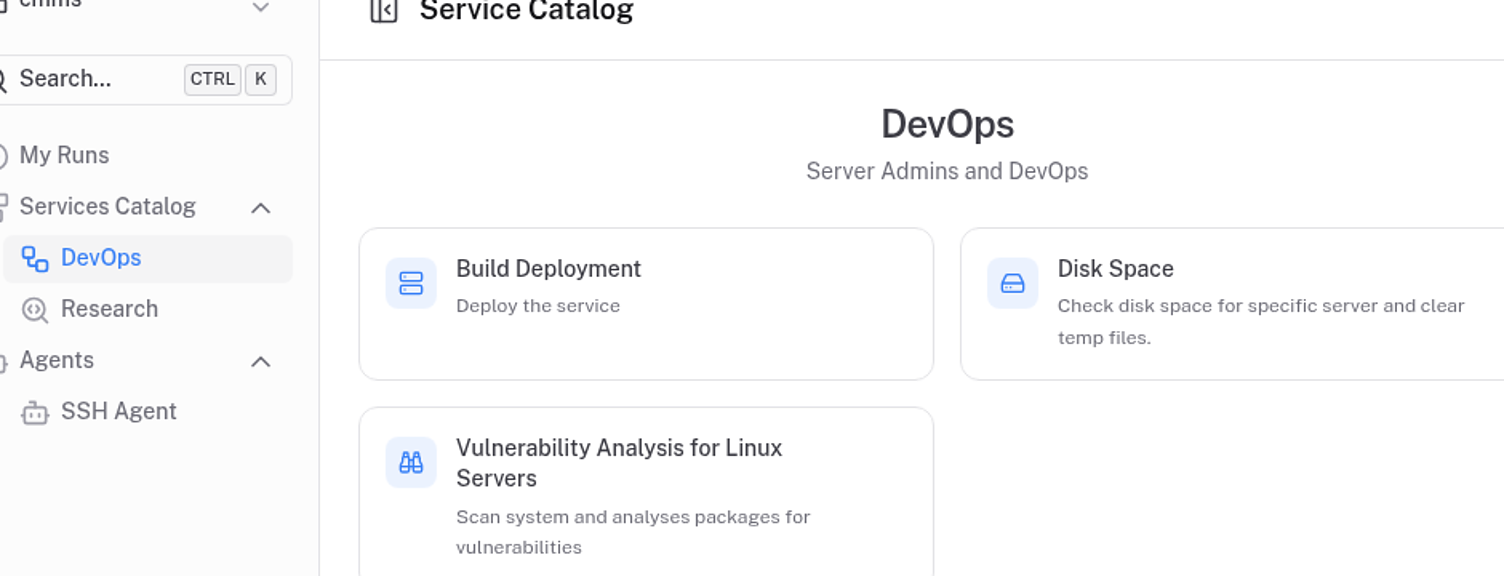Karyam service catalog showing grouped operational services such as build deployment and disk space checks.